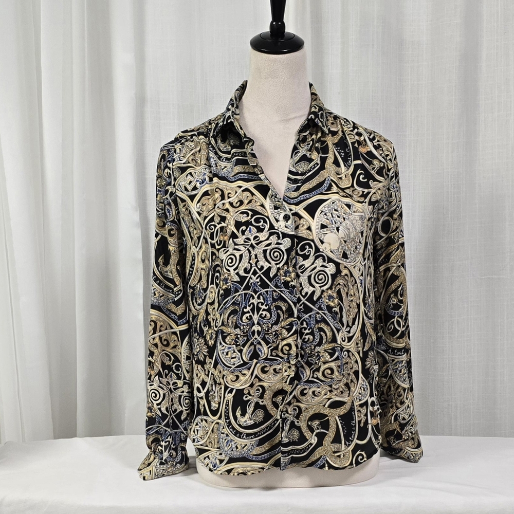 2/$30 H&M Baroque Patterned Button-Up Liquid Knit Women Shirt Sz 2 Office Siren